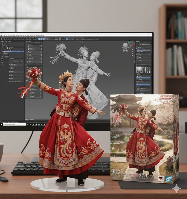 Create a realistic desktop product shot featuring a 1/7 scale commercial figure, with the ZBrush modeling process shown on a computer monitor and a BANDAl-style toy box printed with the original artwork placed beside it.