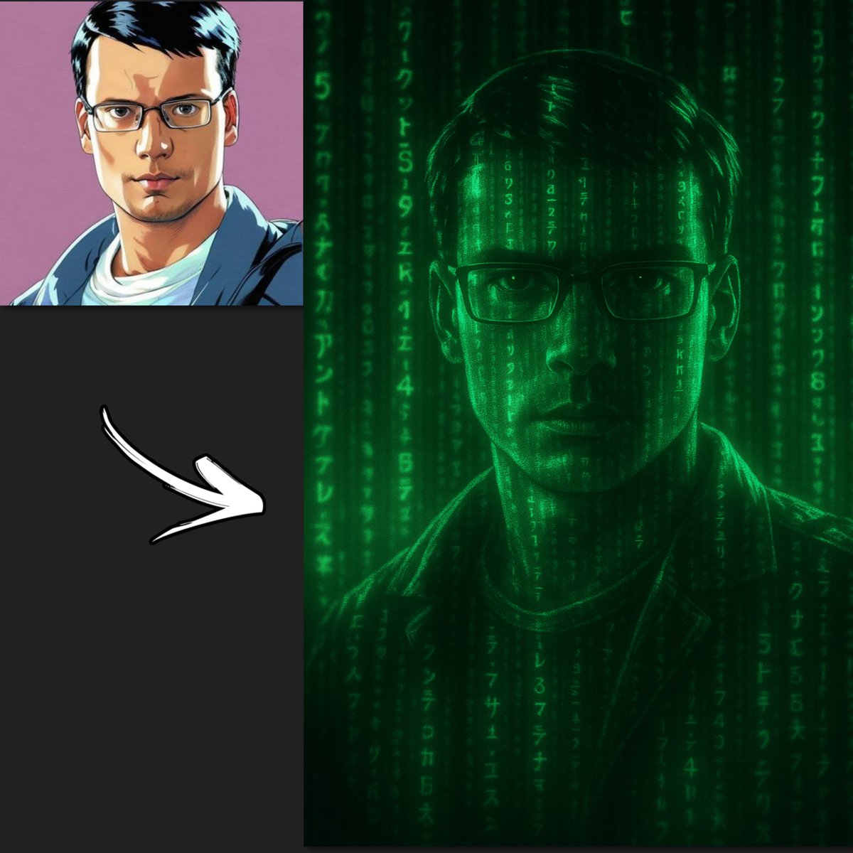 Transform an uploaded image into a high-tech Matrix-inspired scene made of cascading neon green code on a black background, with glowing symbols, motion blur, depth, and subtle screen glow.