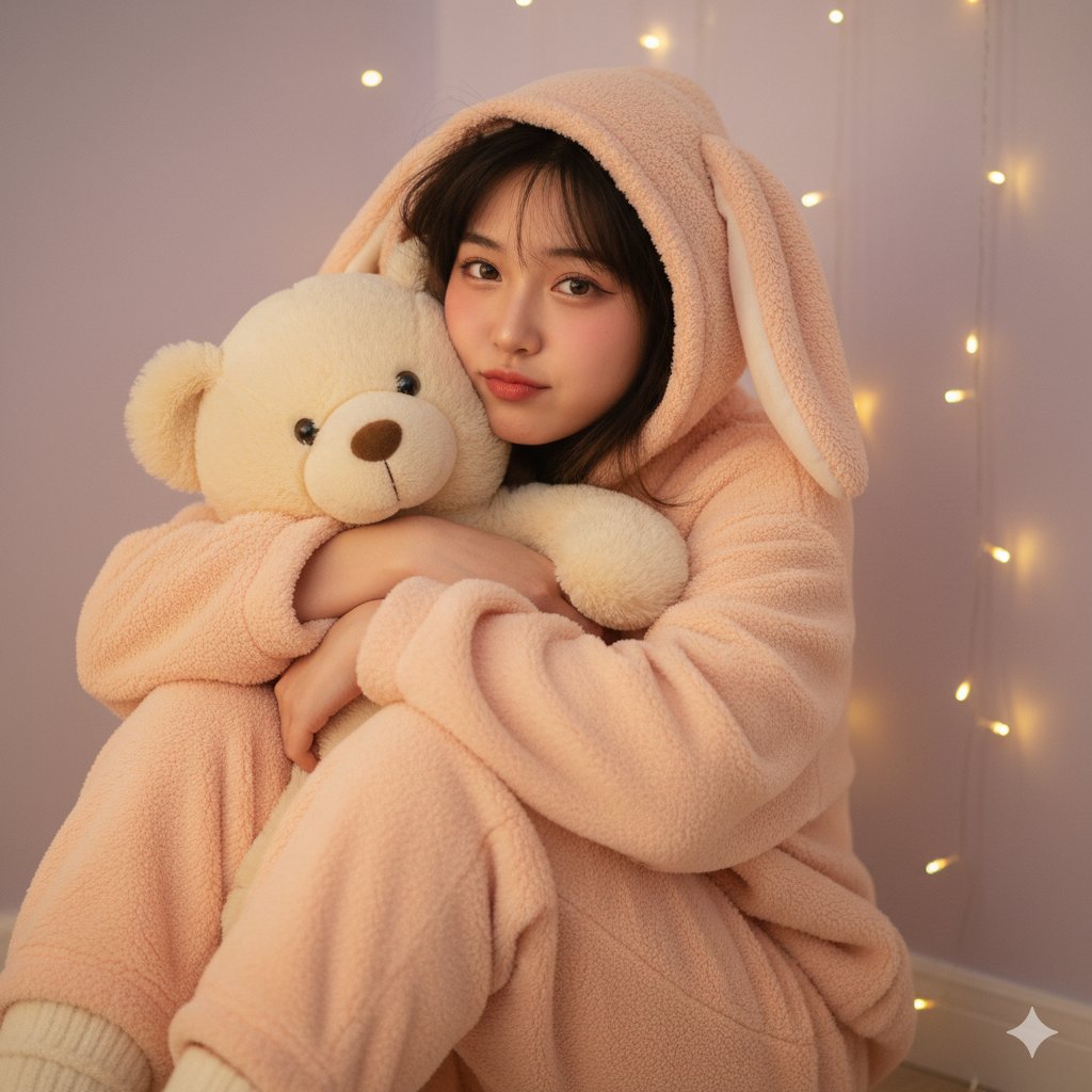 A cozy, cute indoor portrait of an adult East Asian woman in an oversized pastel peach fluffy fleece pajama set with animal-ear hood, sitting on the bedroom floor and hugging a large teddy bear as warm fairy lights glow behind her.
