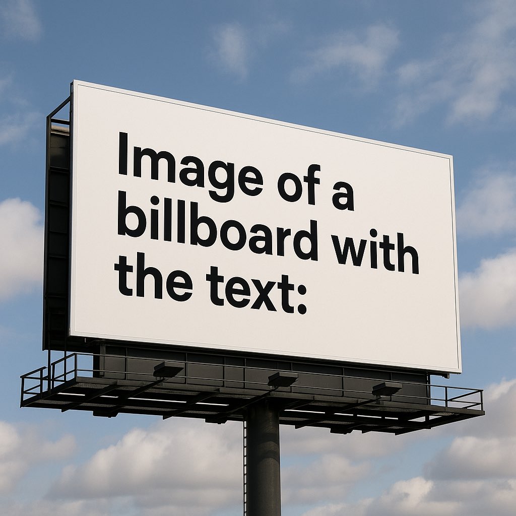 Create an image of a billboard/road sign featuring the exact quoted text shown in the prompt.