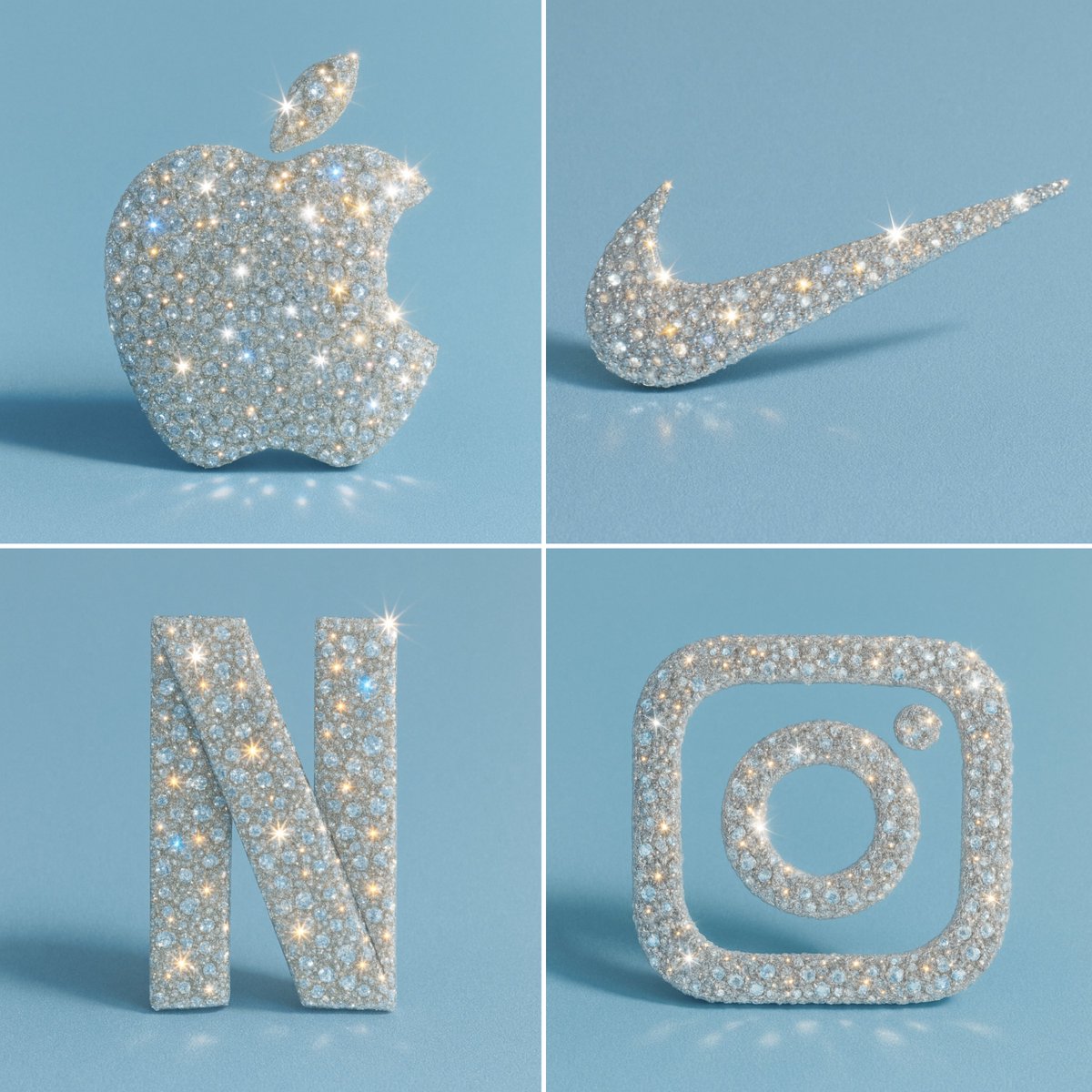 Apply a hyper-realistic diamond-encrusted look that fully covers the subject with micro-faceted gemstones, maximum sparkle, and strong rainbow refraction. Designed for clean silhouettes with hard directional lighting and a minimalist solid #B0C4DE background.