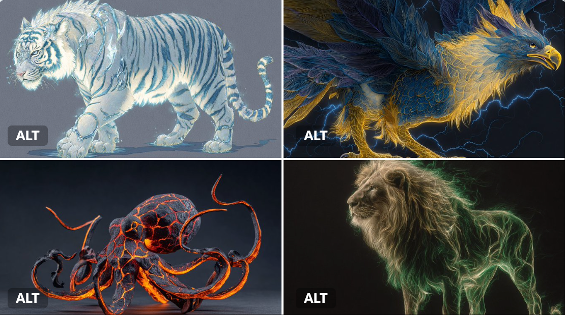 Create an animal-inspired mythical creature rendered as bioluminescent luminescence with glowing edges, using a two-color palette to amplify a fantastical, legendary mood. Includes both variable-based and White Tiger example variants with aspect ratio and version settings.
