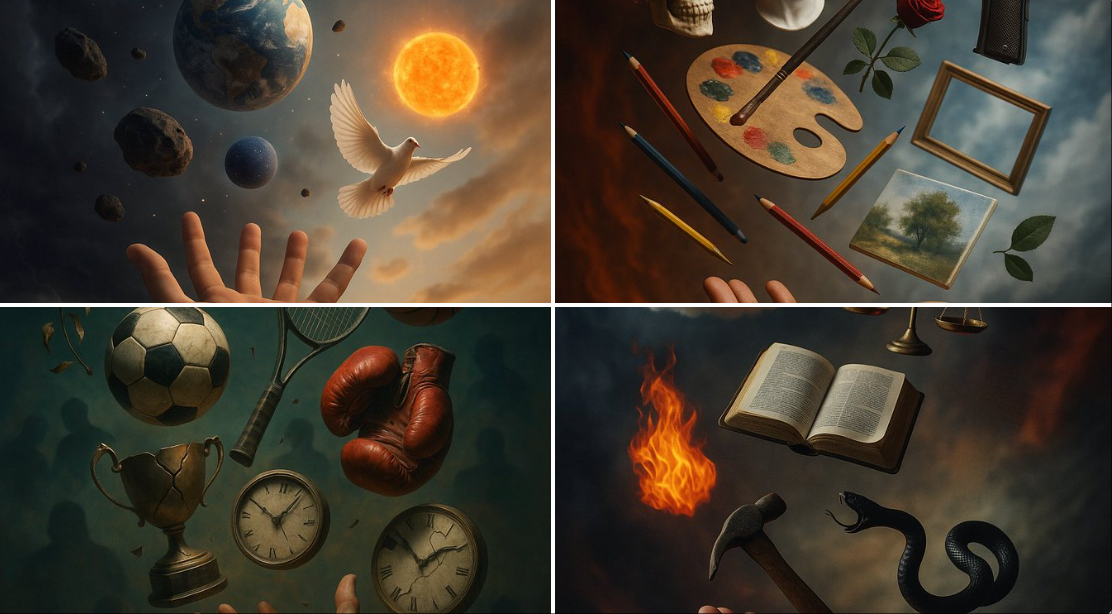 Create a surreal, hyper-realistic levitation photography scene where elements of the subject float above an outstretched hand, interwoven with directly opposing symbolic elements amid a dreamlike, shifting background.