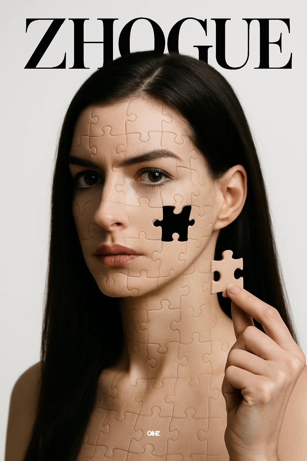 A high-resolution studio portrait of a stunning young model styled as Anne Hathaway, with her face composed of visible jigsaw pieces and one piece removed to reveal a black void beneath. Clean white background, precise surreal realism, and a fashion-magazine-style “ZHOGUE” masthead behind her.