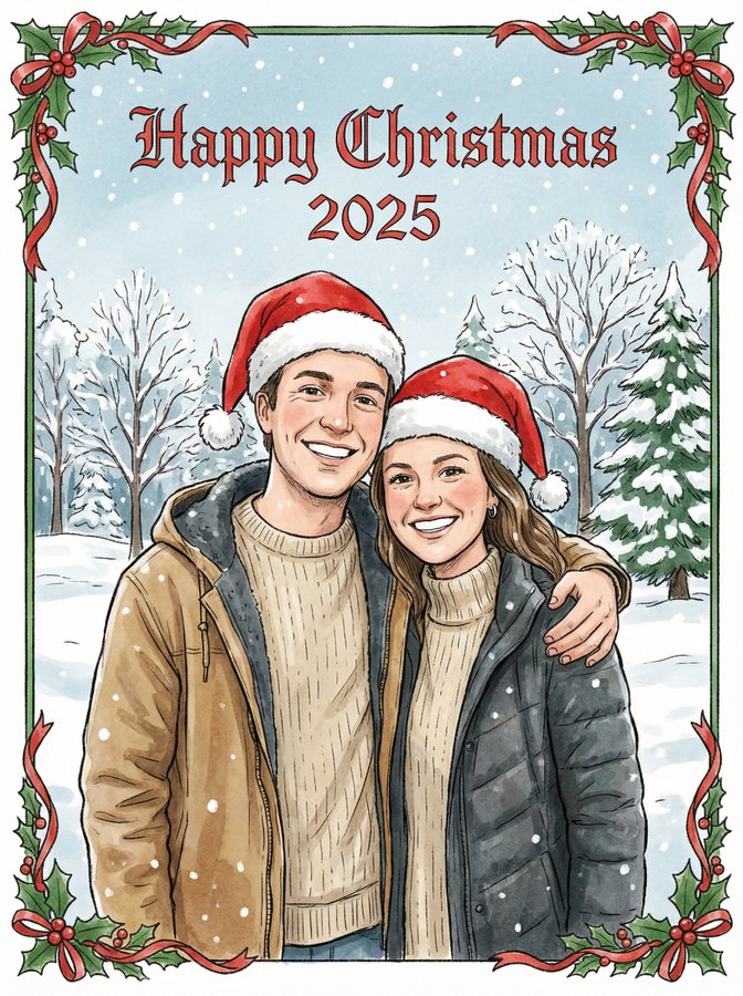 A faithfully illustrated, friendly and traditional Christmas card design featuring a couple in Christmas hats and the text "Happy Christmas 2025" in a classical winter wonderland scene.