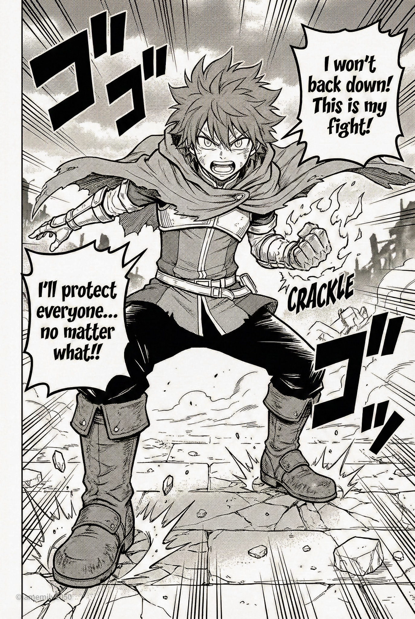 A dramatic, high-energy modern Shonen fantasy manga full-body panel of a determined young mage standing defiant on a devastated battlefield, with explosive speed lines, swirling magical aura, and integrated dialogue and SFX.