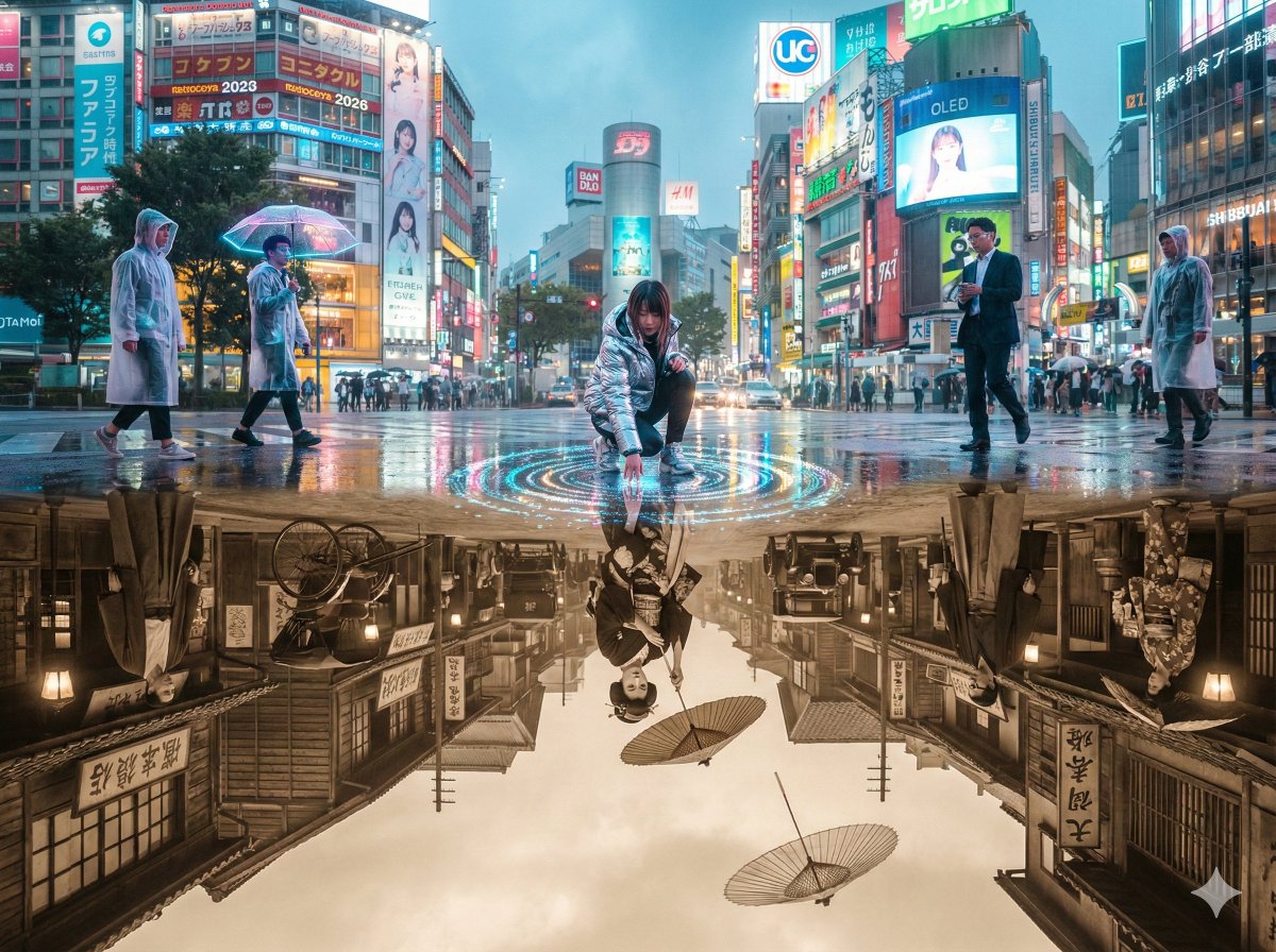 A perfectly composed 4:3 cinematic photograph of Shibuya Crossing moments after a sudden summer rain, where the rainwater becomes a flawless mirror revealing 2026 Tokyo above and 1926 Tokyo below as the boundary breaks at the center.