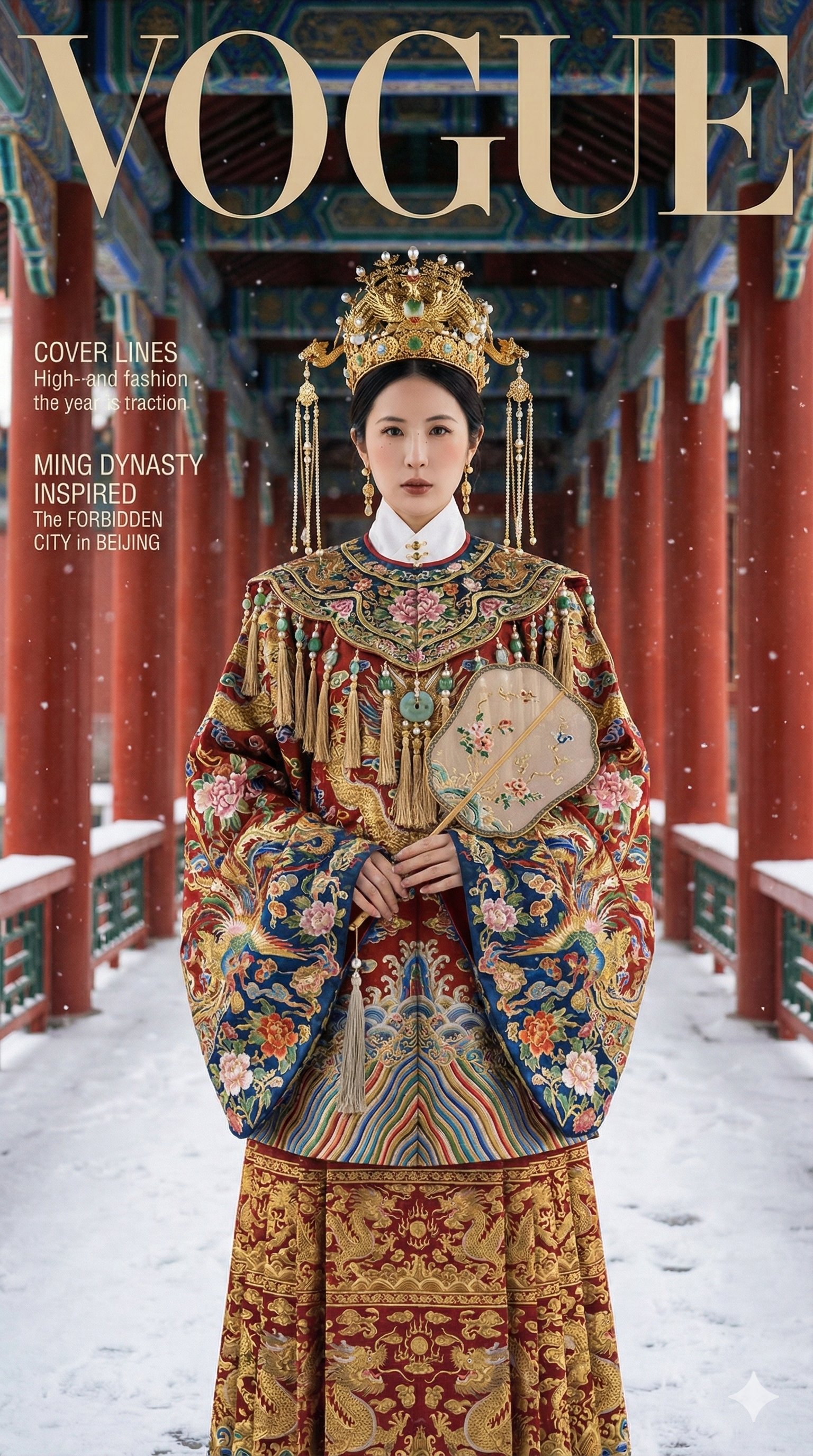 Create a high-end fashion magazine cover–level realistic photo using the uploaded face reference, featuring an adult woman in an ornate Ming-style ceremonial Hanfu in the Forbidden City red-wall corridor in a winter snow setting.