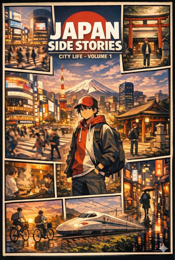 Create four anime-style digital posters in a GTA V–inspired comic grid layout, each centered on a character and iconic city landmarks in Italy, France, Japan, and Korea. Include surrounding vignette panels showing everyday city moments, travel, food, rain, sunset, and neon nightlife with the specified color palettes.