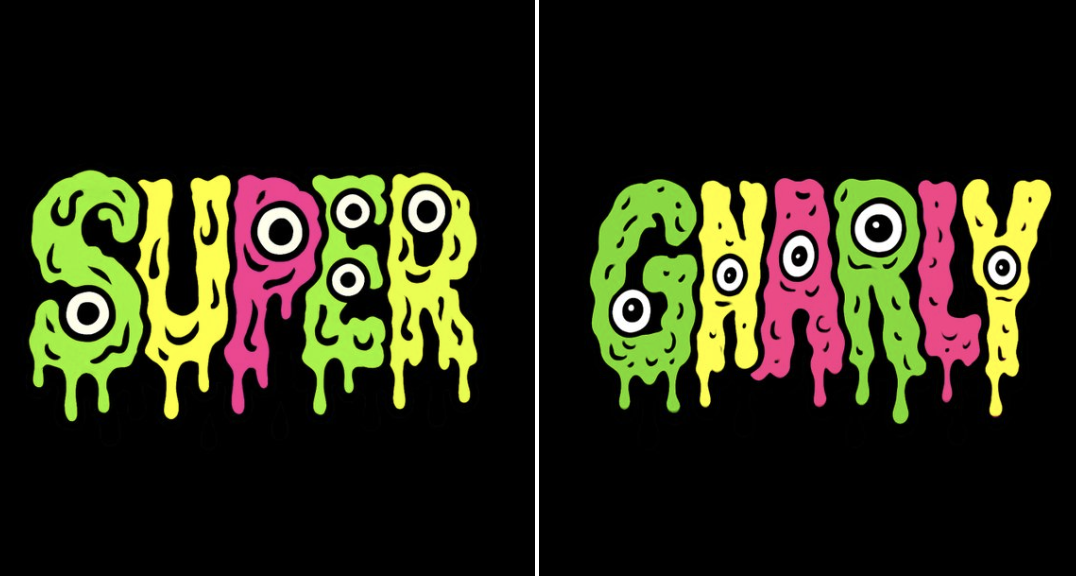 Design a chaotic yet readable psychedelic cartoon wordmark that spells “GNARLY” with lumpy, melting letters in clashing neon flat colors, bold black outlines, and extra eyeballs on a black background. Vector-friendly with solid fills and solid black drips only.