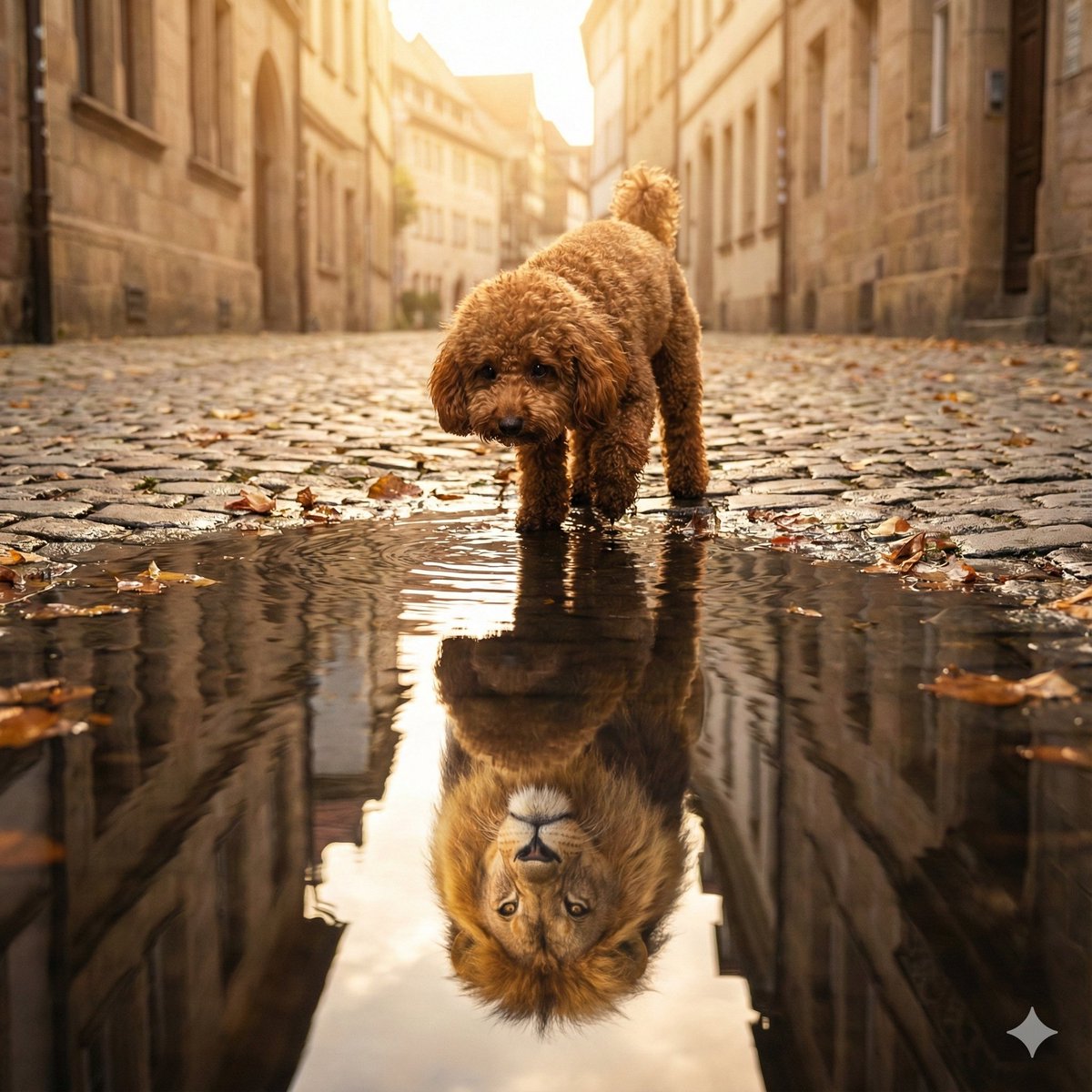 A small reddish-brown poodle stands on a quiet street and gazes into a puddle, where a majestic lion appears in the rippling reflection. Soft natural golden-hour light emphasizes the metaphor of inner courage and determination.