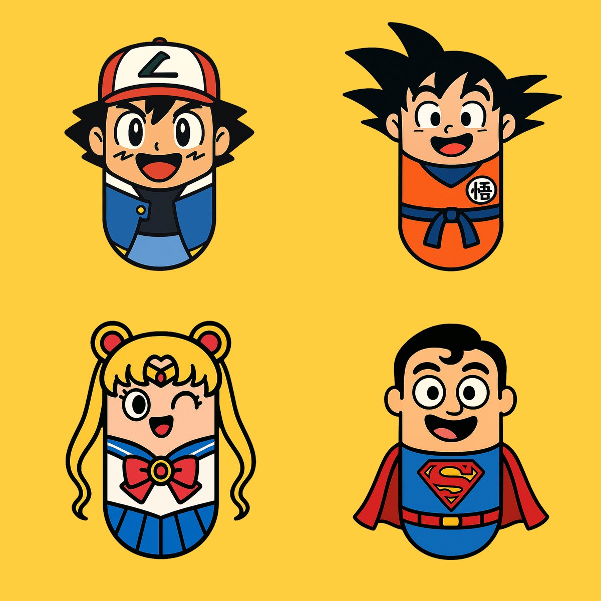 Create a clean, modern, vector-friendly cartoon of a character simplified into a smooth vertical pill-shaped capsule with bold black outlines and flat colors, centered in a square frame on a solid bright yellow background.