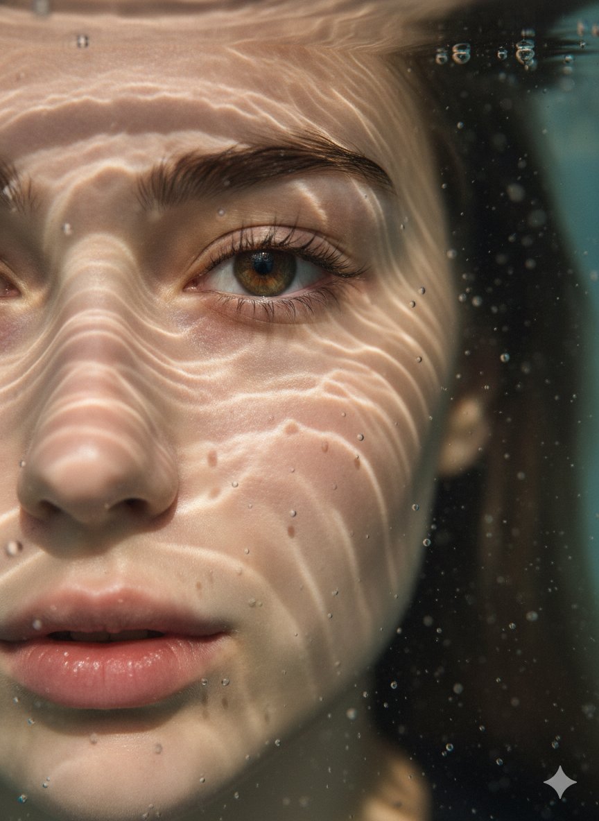 Create a hyper-realistic, ultra-detailed underwater macro close-up portrait showing only the left half of a young woman’s face, with one eye in sharp focus and caustic light patterns across the skin. The image emphasizes fashion-photography-level detail, textures, bubbles, and dreamlike serenity.