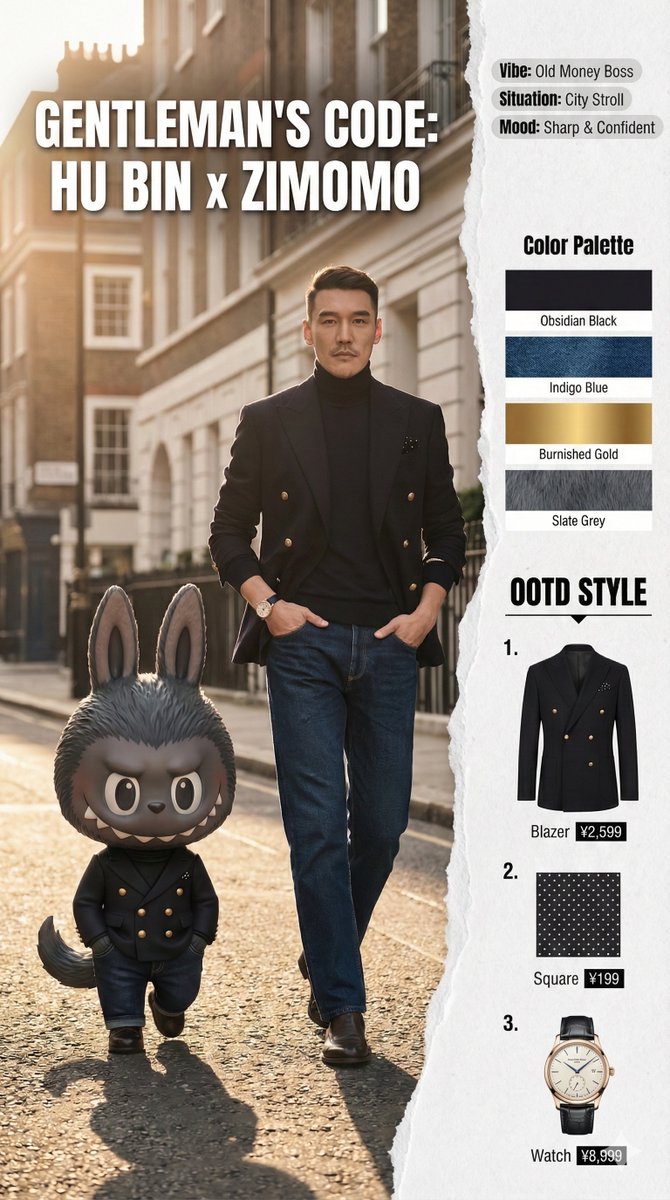 Create a high-end magazine layout that merges a real human (identity-locked from an uploaded reference) with a Pop Mart “The Monsters” character styled in a miniature couture version of the same outfit, featuring active interaction and a utility sidebar with color analysis and item breakdown.