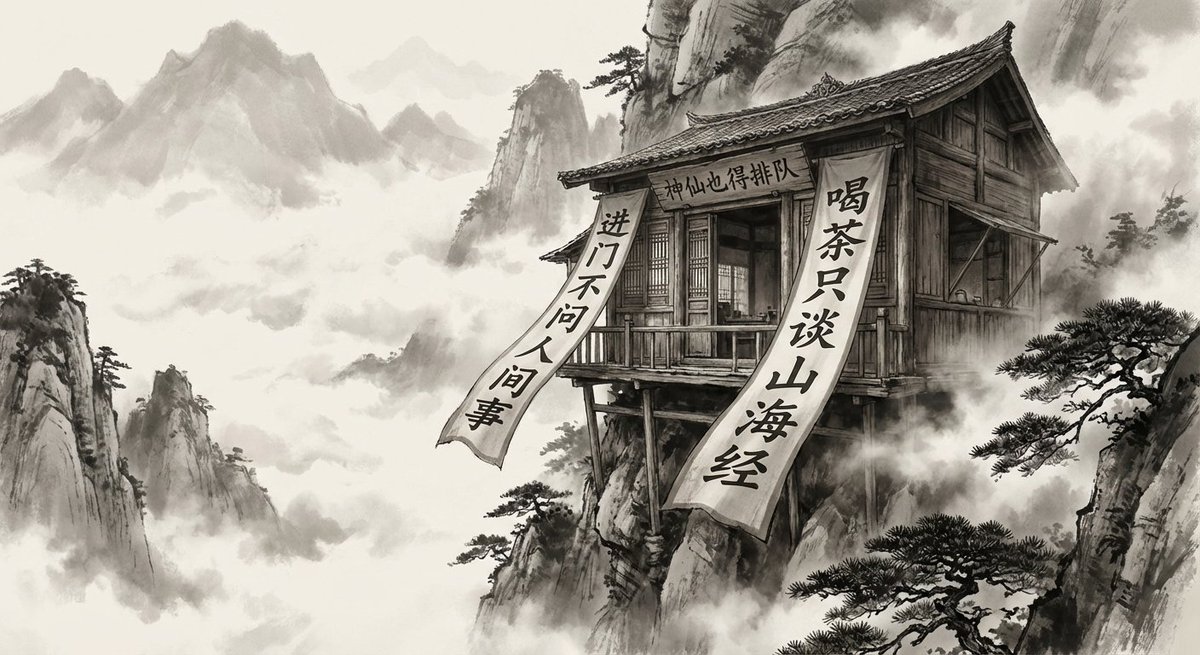 A fusion of ink-wash painting aesthetics and realistic photography, set at a crumbling ancient wooden teahouse on a mist-shrouded deep mountain cliff. At the entrance, a huge couplet flutters in the wind with a weathered plaque reading, “Even immortals have to queue.”