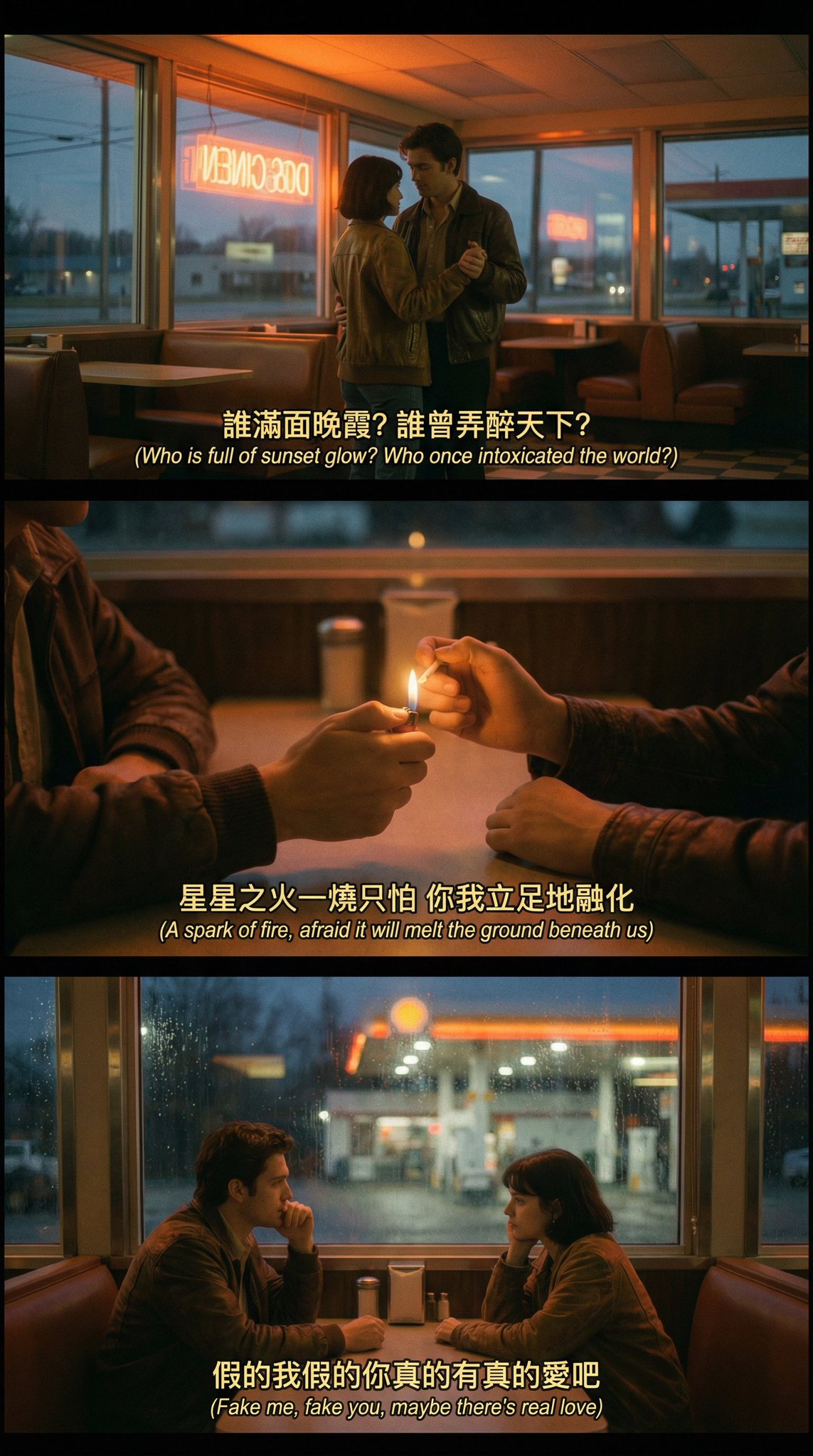 Generate a cinematic sequence of images for a song based on the provided lyrics. Use the quoted lyrics to guide a film-like visual progression.