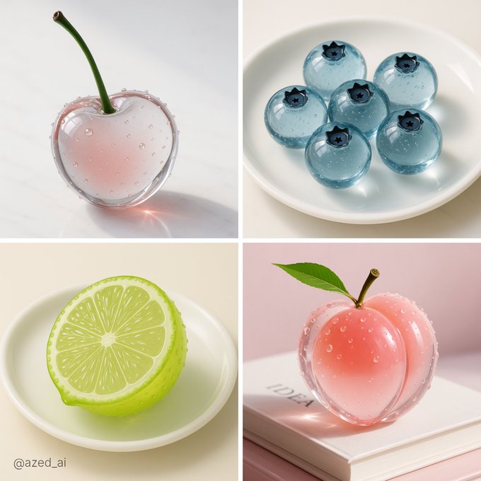 Create hyper-realistic translucent glass fruit with crisp reflections, fine internal bubbles, and a minimalist studio setup. Designed for glossy, crystal-like 3D render aesthetics with macro photo lighting and soft shadows.