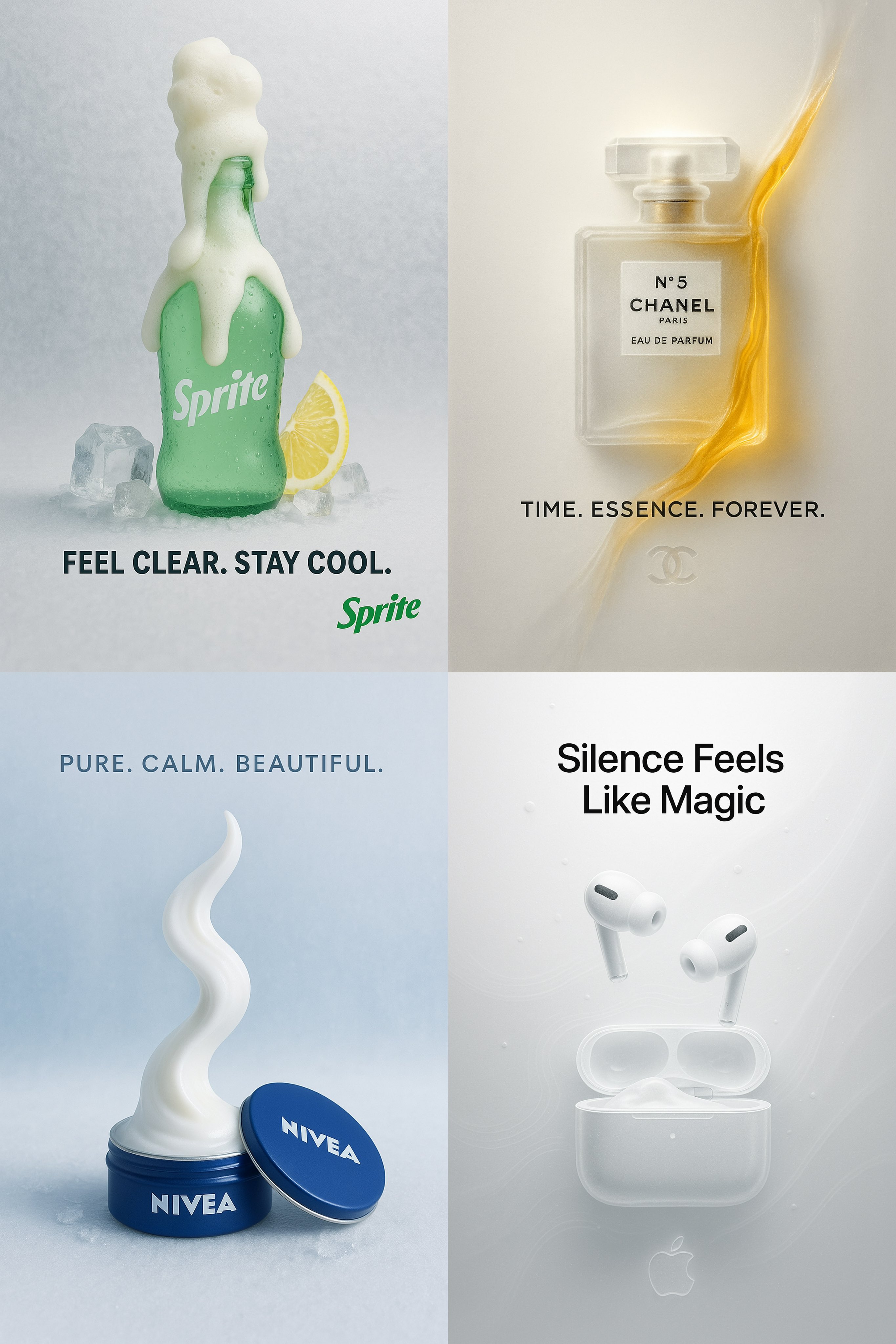 Create a surreal, minimalist advertisement featuring a centered product crafted from translucent frosted glass-paper on a clean white or softly tinted background. Soft cinematic lighting, one subtle brand color interaction, a bold 4-word slogan, and a refined logo treatment deliver an ultra-detailed, soothing poster-quality result.