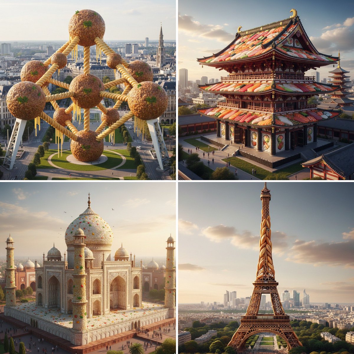 Create an ultra-realistic 3D render of a recognizable monument built entirely from food and seamlessly placed within a vibrant, photorealistic cityscape. Emphasize accurate architectural proportions, realistic food textures, and complementary natural lighting in a square 1:1 frame with no text.