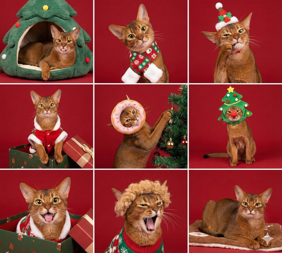 Create a realistic photo-style 3×3 nine-panel collage featuring the same pet in nine lively Christmas-themed looks on a Christmas-red background. Each panel shows a distinct pose and outfit while keeping the pet consistent across all nine images.