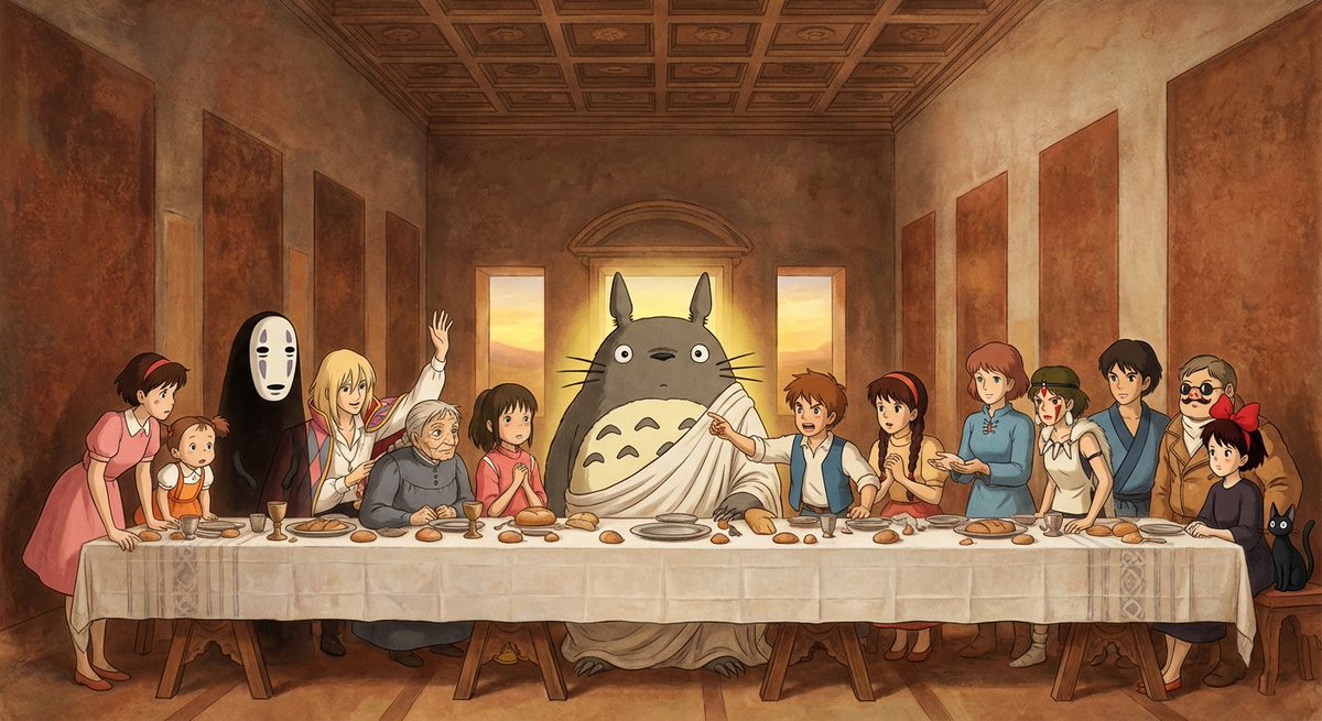 Recreate Leonardo da Vinci’s The Last Supper composition with iconic Hayao Miyazaki characters gathered around a long table, centered by a solemn, glowing Totoro as the Jesus figure. Rendered in Renaissance realism with one-point perspective, soft natural light, sfumato gradients, and fresco-like oil texture while keeping refined Miyazaki-style character design.
