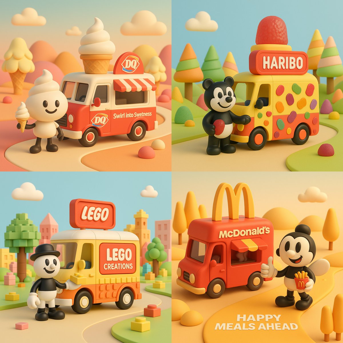 A 3D-rendered isometric scene of a pastel retro food truck branded for {{BRAND_NAME}}, with a black-and-white cartoon character holding a signature product in a playful, stylized landscape.