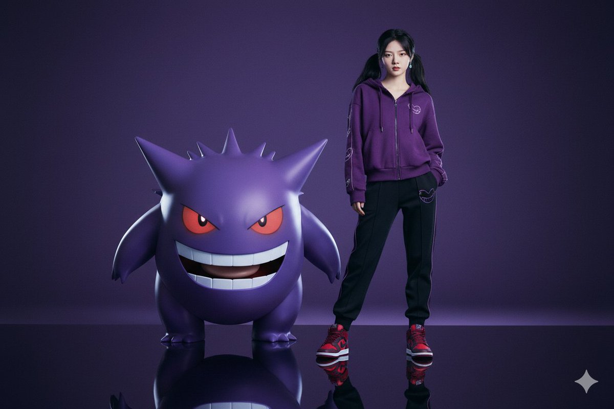Create a photoreal editorial portrait from an uploaded reference image, preserving the same face, hairstyle, and expression, featuring a coordinated deep purple/black outfit and a towering Gengar companion. Dramatic cool lighting, reflective glossy floor, and a moody purple-to-black gradient background deliver cinematic 8K detail.