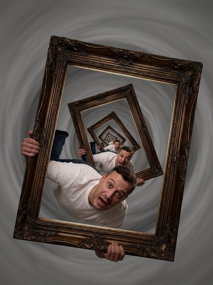 A horrified man holds an ornate picture frame containing an exact photograph of himself holding the same frame, spiraling inward into infinite visual recursion. A surreal strange-loop trap of endless falling and shrinking moments, designed for photography-style imagery.