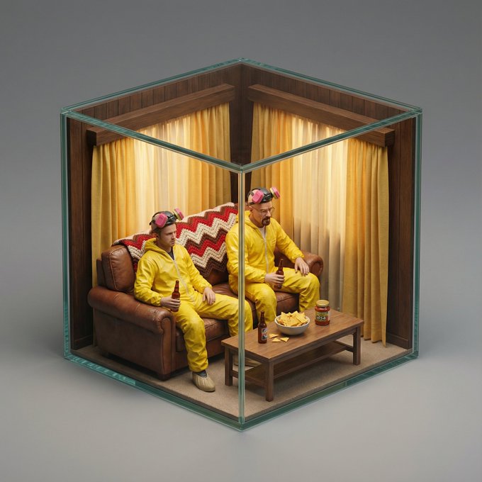 Create a hyper-realistic isometric miniature diorama of an iconic movie scene, fully contained in a cutaway glass-front cube with museum-quality textures, cinematic lighting, and a macro isometric camera view.