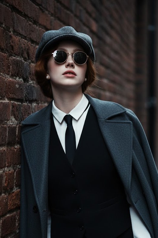 Create a hyper-realistic, cinematic medium shot of a stylish 1920s-inspired man using the user’s uploaded face. Moody cool-toned lighting, shallow depth of field, and ultra-detailed fashion photography in an atmospheric brick-walled alleyway.