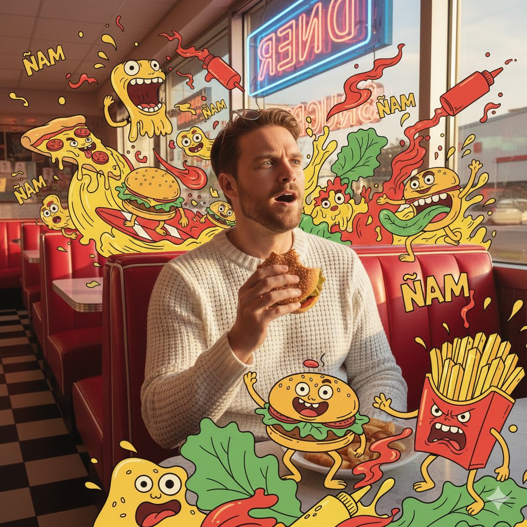 Create a mixed-media scene combining photorealistic portrait photography with thick-line Pop Art cartoons: the reference person eats in a retro American diner while maximalist fast-food monsters swarm around them.