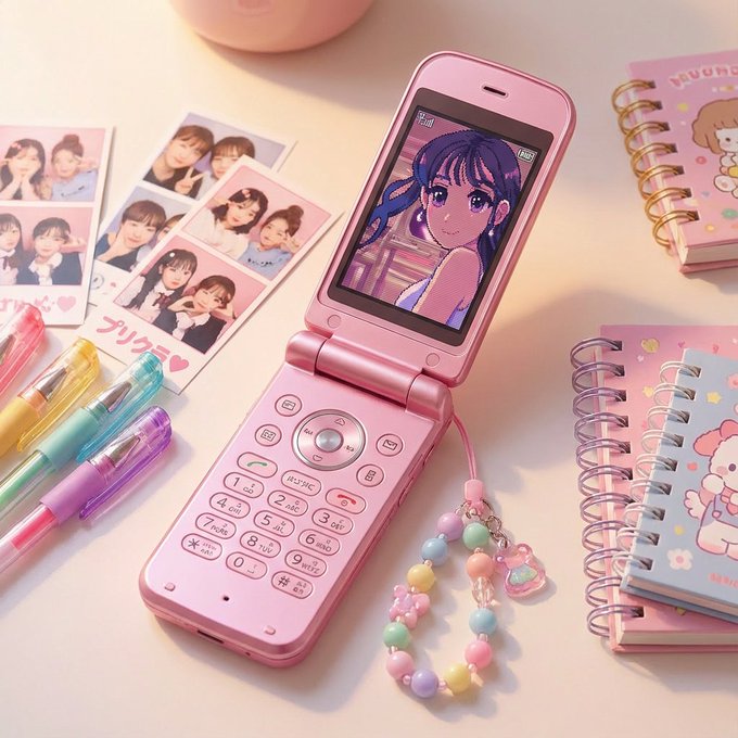 Display your uploaded subject on an early-2000s Japanese garakei flip phone LCD with warm, slightly pixelated color and a nostalgic kawaii vibe. Includes glossy pink/white shell details, physical buttons, beaded strap, and surrounding stationery items in soft lighting.