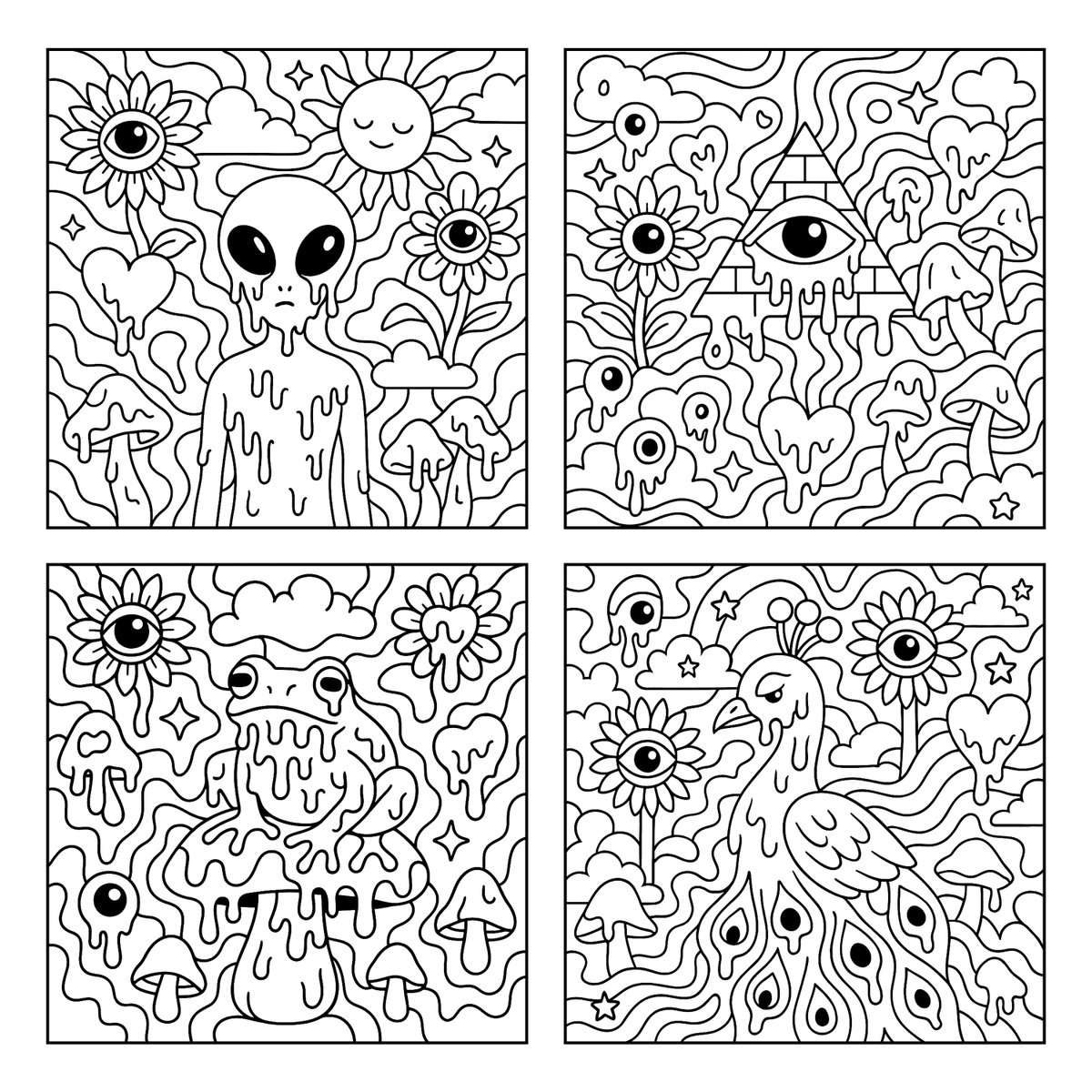 Create a psychedelic, surreal black-and-white coloring page with a melting {{SUBJECT}} centered among playful shapes and smooth flowing patterns, plus whimsical background elements like eye-sunflowers, melting eyeballs, hearts, mushrooms, clouds, and stars. Bold, clean outlines and fully enclosed sections keep it open, spacious, and easy to color.