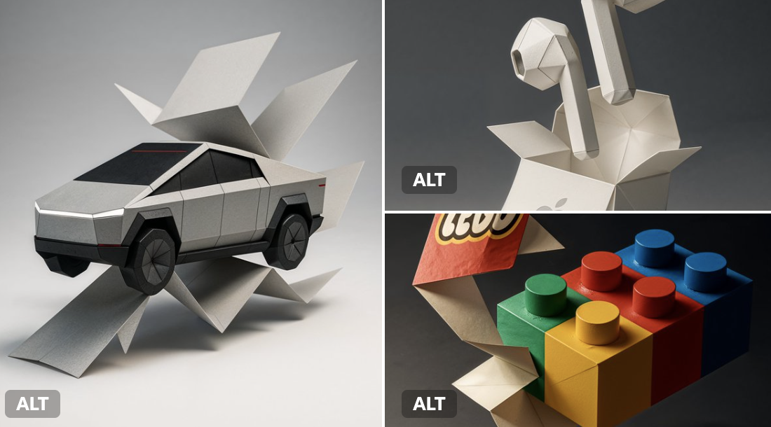 A flat branded sheet of paper folds itself mid-motion into a fully formed 3D product, rendered with origami texture, dramatic studio lighting, and elegant Japanese-inspired minimalism.