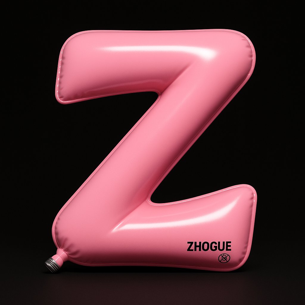 A highly realistic 3D installation artwork featuring a letter Z designed as an inflated balloon form in glossy pink PVC, centered on a pure black stage-like background. Dramatic spotlighting and detailed nozzle and warning typography enhance the inflatable-toy realism.