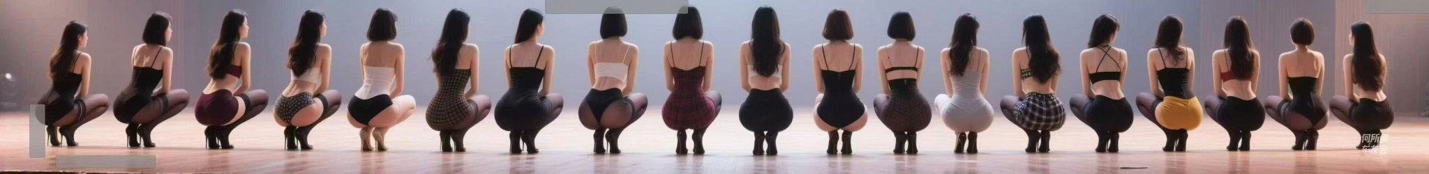 A wide panoramic indoor stage scene shows multiple young adult women kneeling or squatting in synchronized poses, viewed from behind under soft overhead stage lighting. Coordinated dance outfits and subtle floor reflections emphasize symmetry and repetition across the frame.