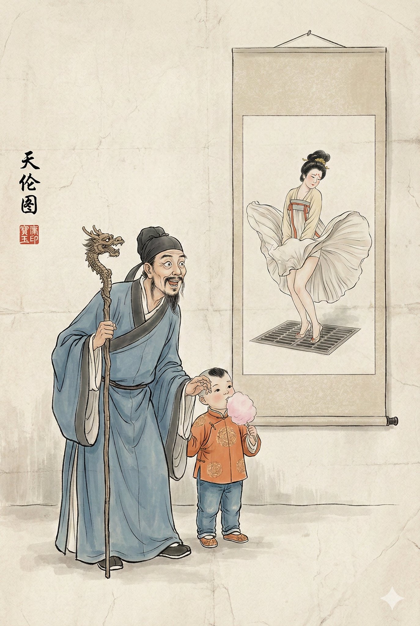 A satirical, humorous gongbi-style ink and light-color painting on textured xuan paper, featuring a painting-within-a-painting scroll: a stunned Ming–Qing scholar and a modern-mix child watching a Tang court lady reenact the iconic wind-lifted dress moment.