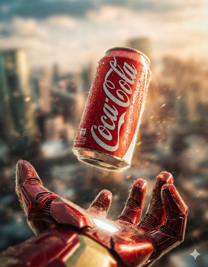 Create cinematic, high-contrast movie-poster scenes featuring hero hands/gauntlets interacting with iconic soda cans and bottles against dramatic city, ruins, storm, and magical portal backdrops.
