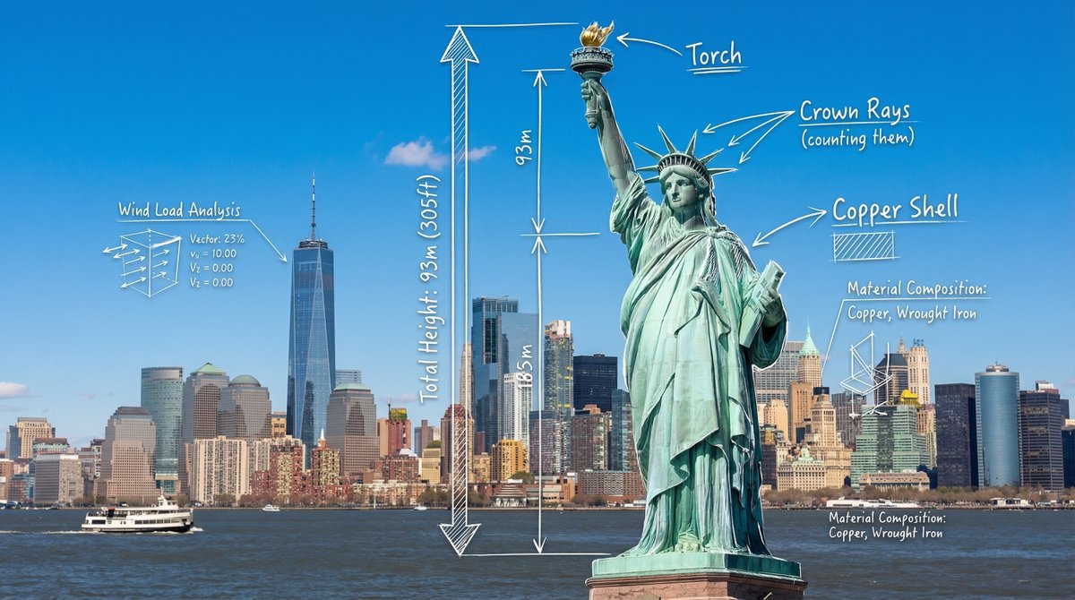 Create a photorealistic wide-angle landscape photo of the Statue of Liberty with the NYC skyline and harbor, overlaid with a white hand-drawn augmented reality engineering blueprint. Include labeled leader lines, height measurement arrows, and wireframe data icons in a structural analysis broadcast-graphics style.