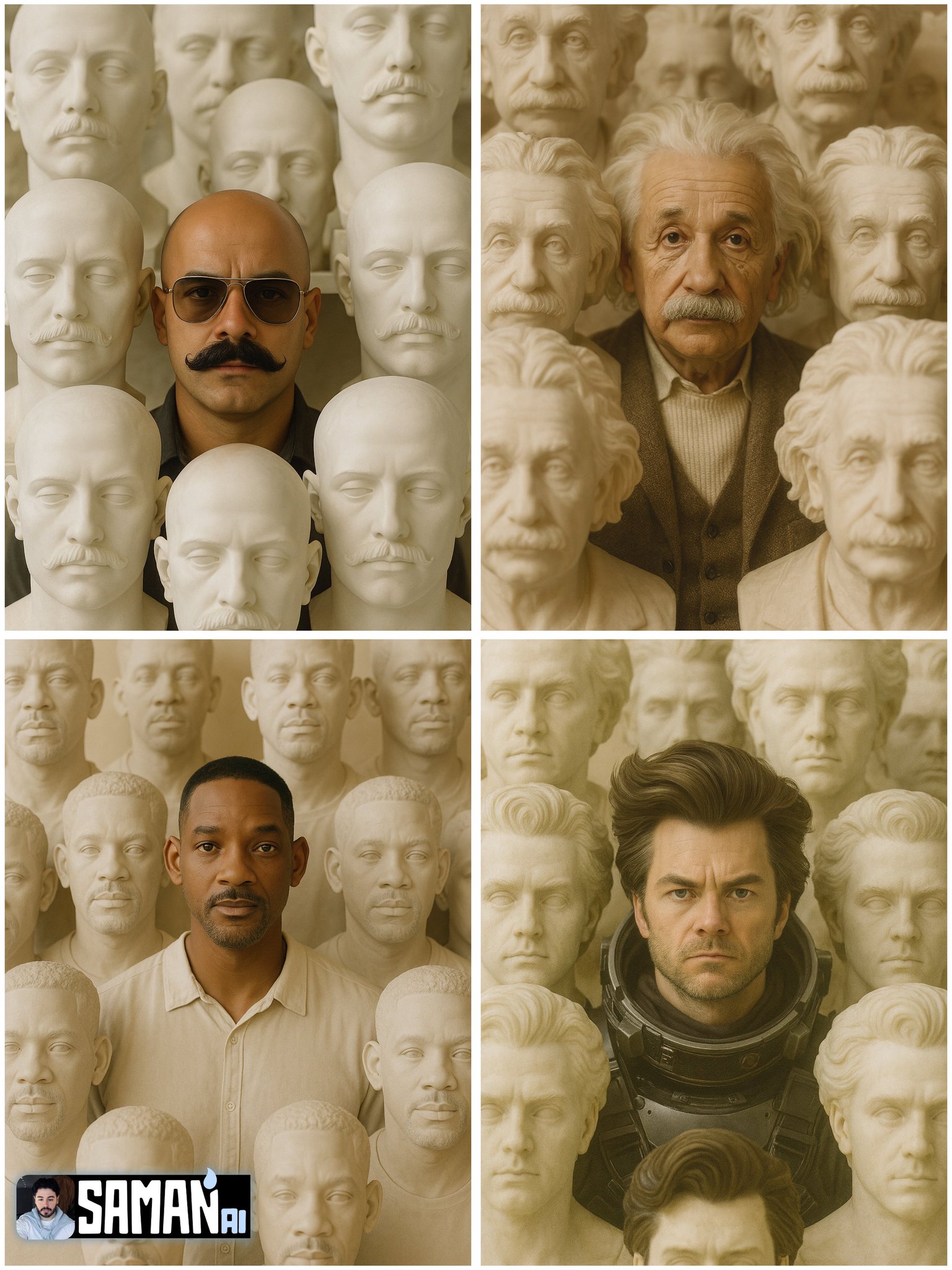 Create an ultra-real portrait of {{CHARACTER}} centered in a museum-like scene, surrounded by dozens of life-size stone busts of the same subject. Warm beige lighting, matte alabaster texture, and a shallow 85mm depth of field deliver a cinematic, symmetrical look.