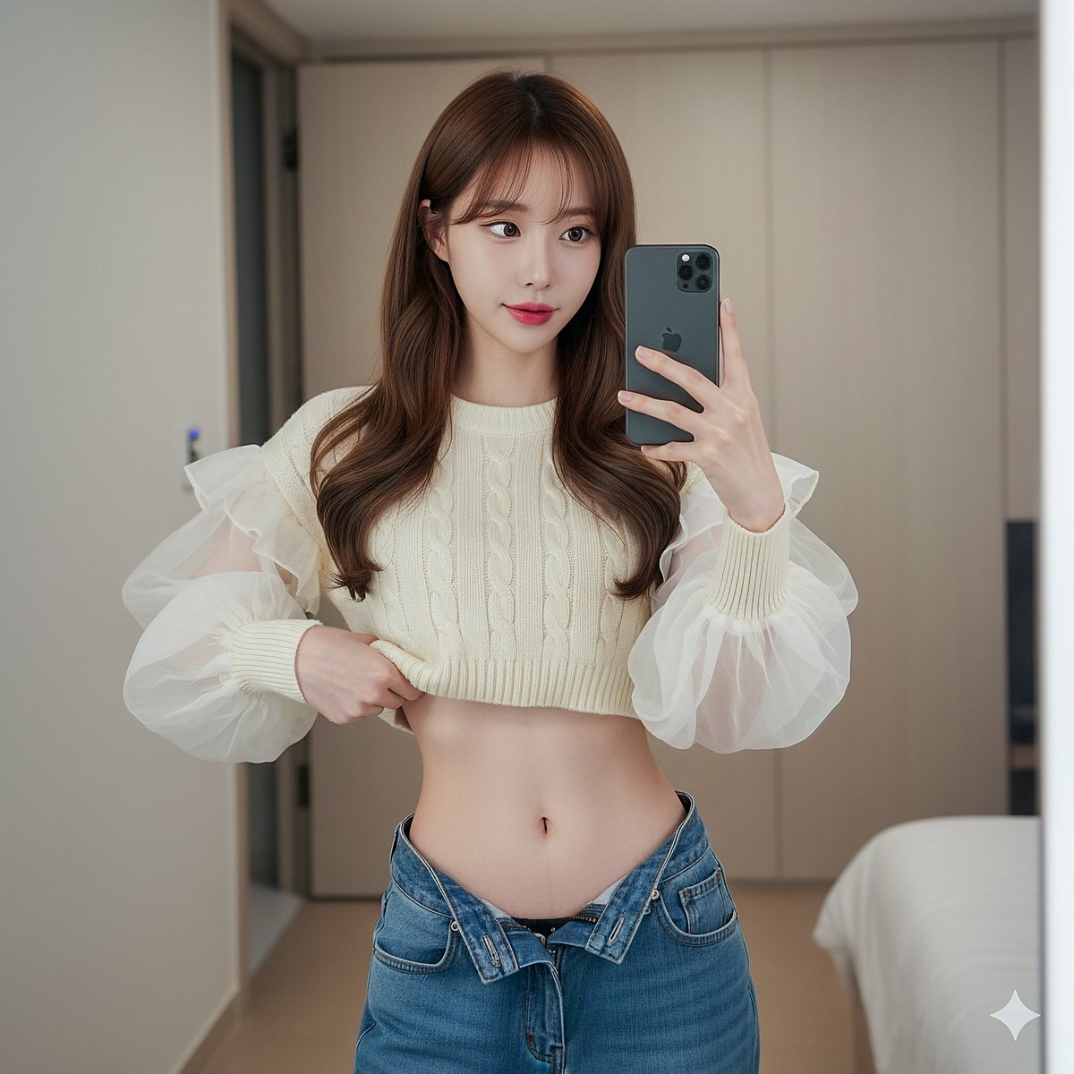 A clean, high-quality vertical smartphone mirror selfie set in a modern bedroom or dressing area with soft warm ambient lighting. Features a Korean ulzzang-inspired look with a cropped cable-knit sweater and low-rise jeans, sharp focus on face and torso.