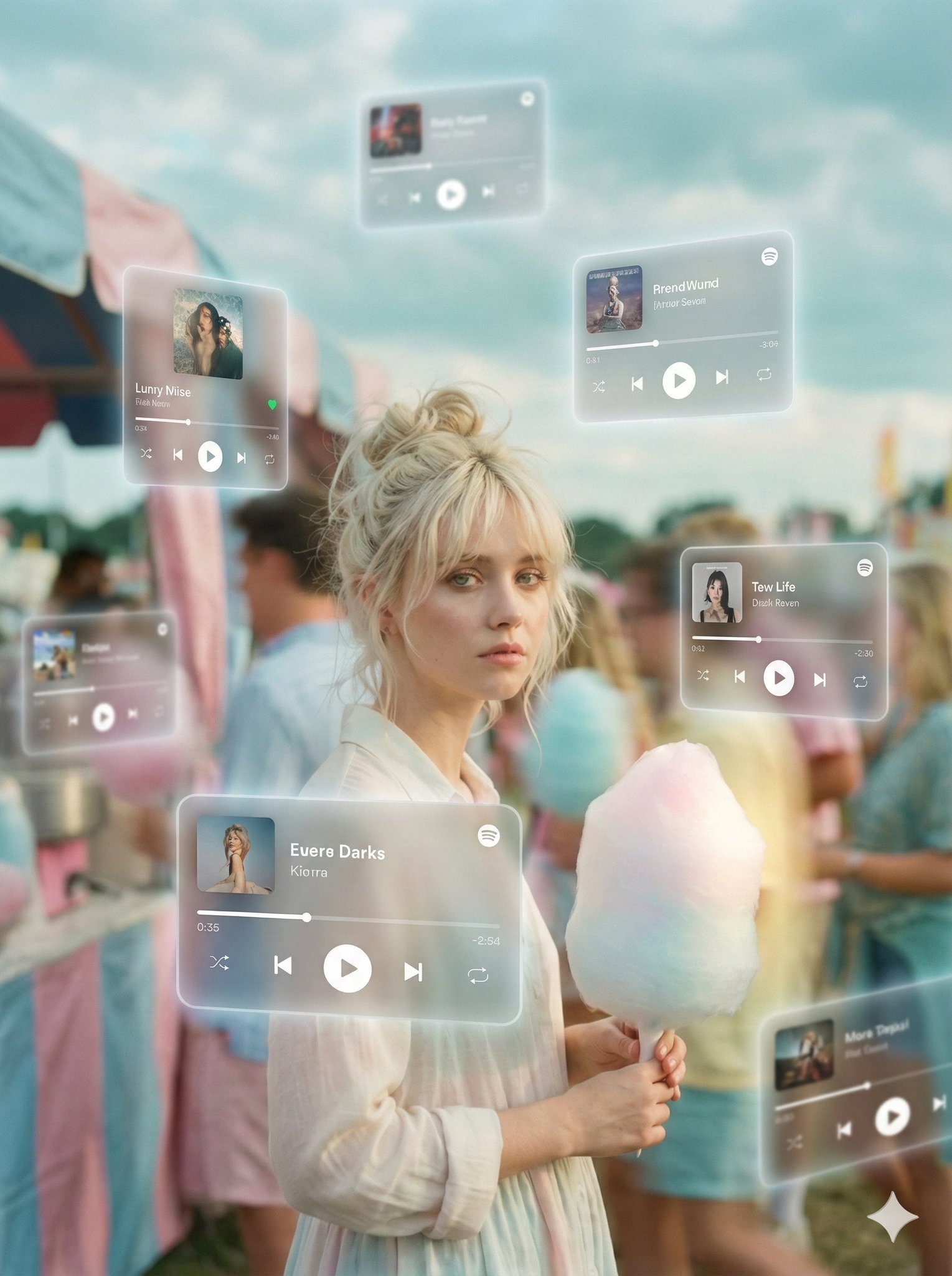 Create a dreamlike, movie-quality augmented reality scene where translucent Spotify/Apple Music player cards orbit a photorealistic central subject in a full 3D spatial composition with cinematic bloom, depth of field, and frosted-glass UI realism.