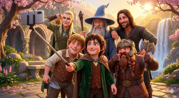 Create a vibrant Pixar-style 3D group selfie scene with dynamic poses, expressive faces, and warm, colorful cinematic lighting in a culturally representative setting.