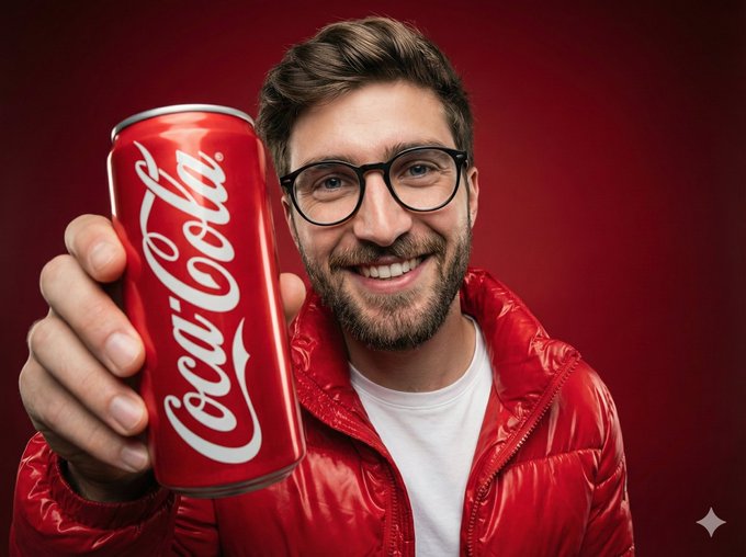A photorealistic 8K studio portrait featuring a smiling person holding a Fanta orange aluminum can close to the camera, shot with an ultra-wide fisheye lens. Bold citrus-orange gradient backdrop, glossy orange puffer jacket, and diffused cinematic lighting create a clean, high-end soda campaign aesthetic.