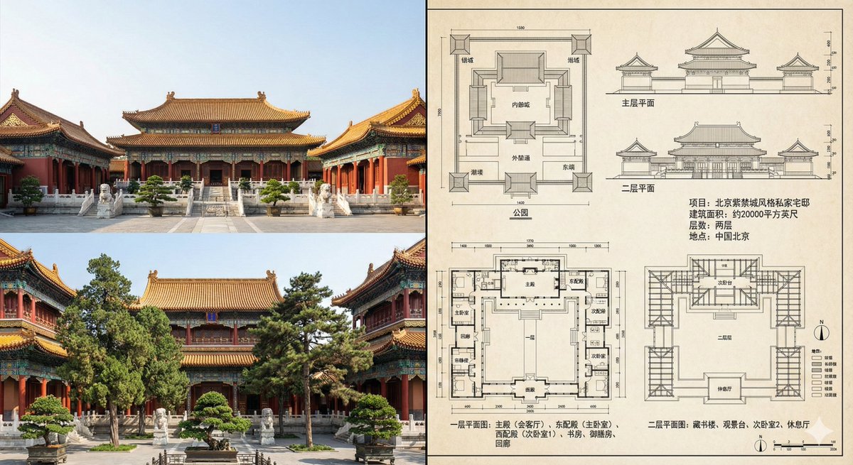 A split composition showcasing a grand two-story Forbidden City–inspired courtyard as a realistic finished photo on the left, paired with detailed traditional-style architectural drawings on the right.