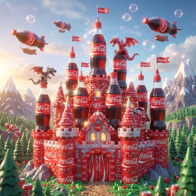 A whimsical fantasy landscape featuring a castle crafted from {{PRODUCT}} bottle labels in an {{COLOR_SCHEME}} palette, complete with playful dragons and soda-themed airships. Humorous yet surprisingly detailed, it radiates an unexpected sense of magic.