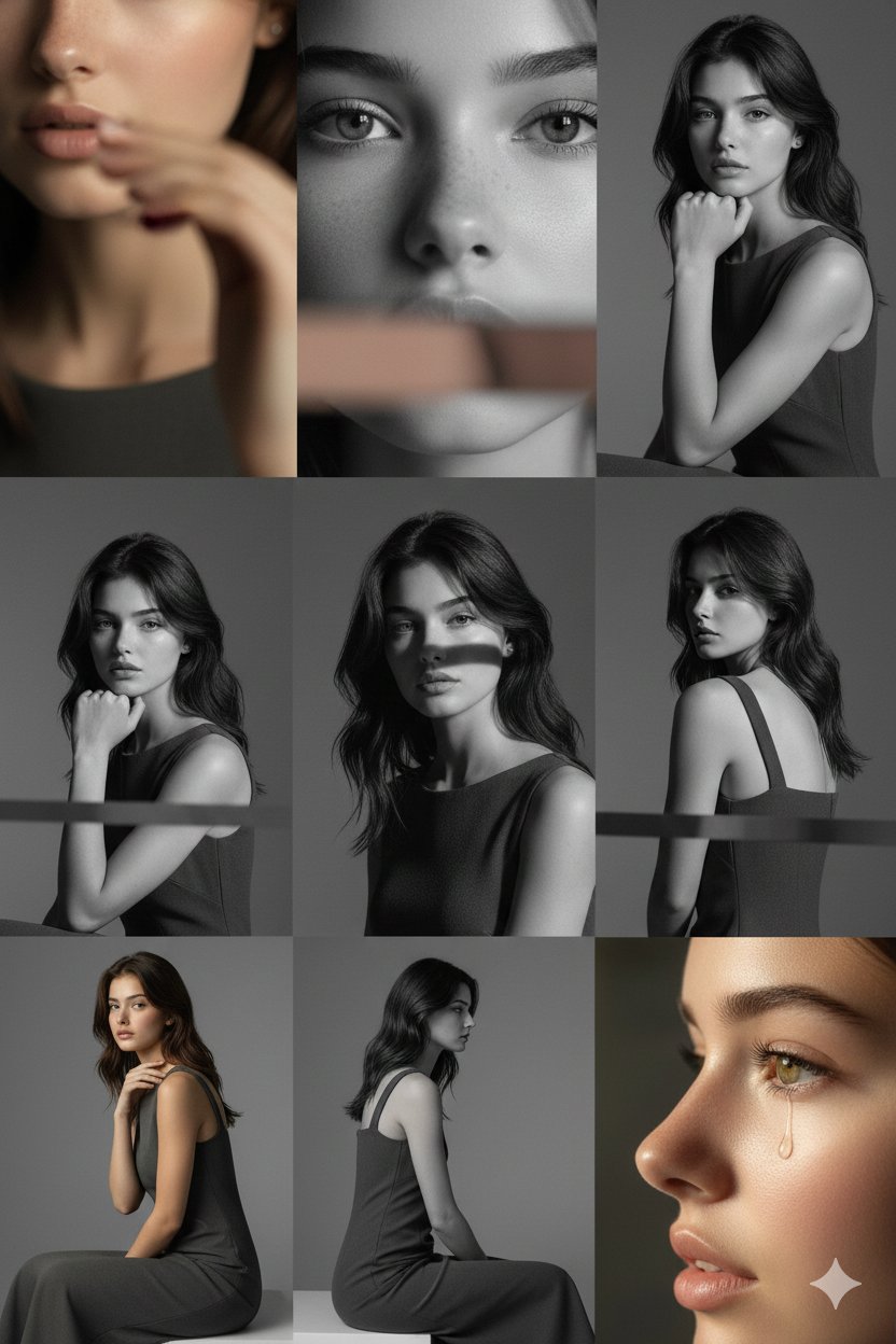 Create a cool-grey seamless editorial portrait set arranged as a 3x3 grid, featuring nine distinct close-ups and profiles under a large overhead softbox with subtle side bounce. Includes precise lens and aperture details with RAW, smooth-contrast editorial softness.