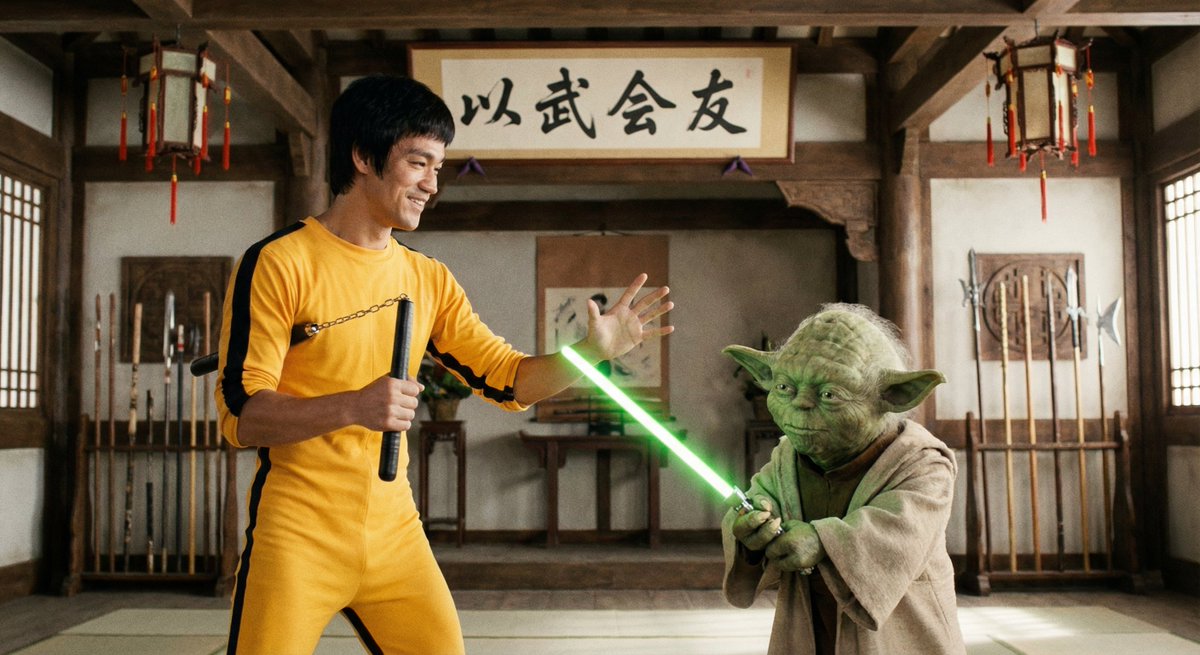 Bruce Lee in a yellow jumpsuit and Master Yoda spar in a friendly match, smiling as they hold nunchaku and a green lightsaber. A traditional Chinese dojo setting features a banner reading “以武会友.”