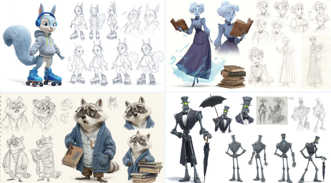 Create a Pixar-style character sheet featuring multiple poses, expressions, and angle views with concept art, pencil sketches, and a full-body reference sheet on a clean white background.
