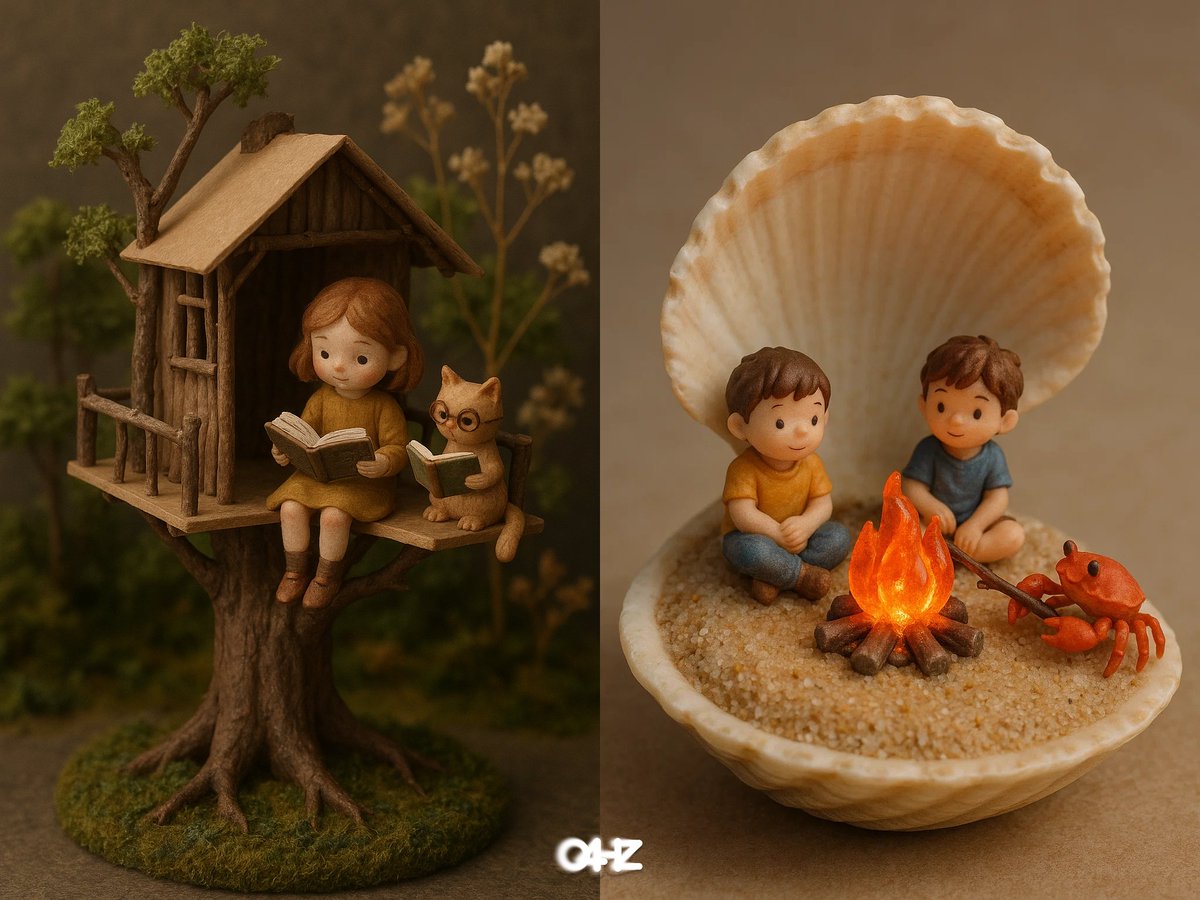 A miniature handcrafted diorama featuring a small girl reading an open tiny book while a bespectacled cat watches in a twig-and-cardboard treehouse forest. Soft ambient natural light highlights organic textures like moss, clay, paper, and dried flowers.
